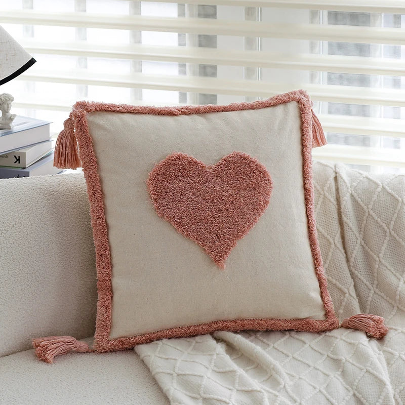 Pink Love Tufted Tassel Linen Cushion Cover for Home Decor - Axyaa