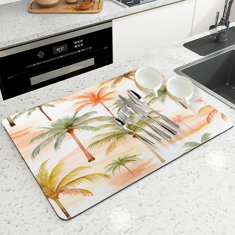 Axyaa Tropical Plants Absorbent Anti-slip Dish Mat - Quick Dry Kitchen Drying Pad