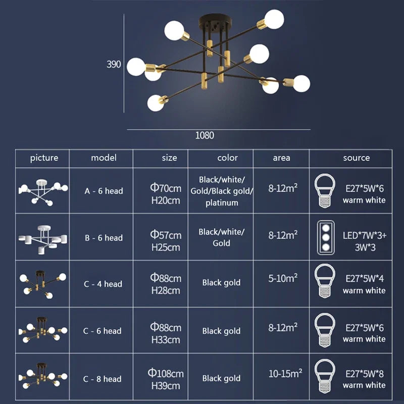 Axya Multi-Head Chandelier: Modern E27 Pendant Lamp for Living/Dining/Bedroom