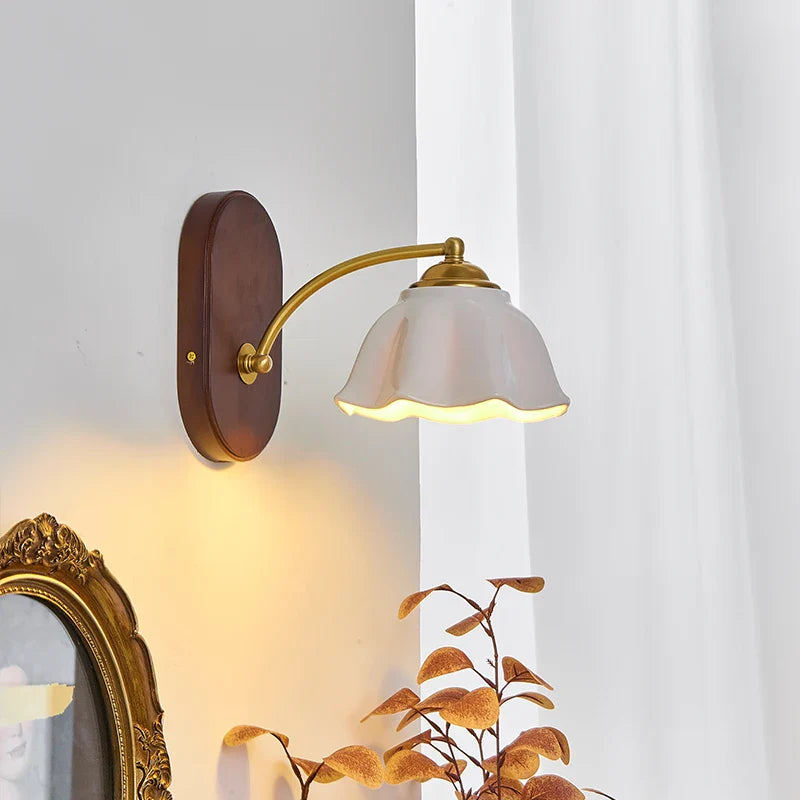 Axyaa Japanese Style LED Wall Lights Copper Wood Bedside Lamp
