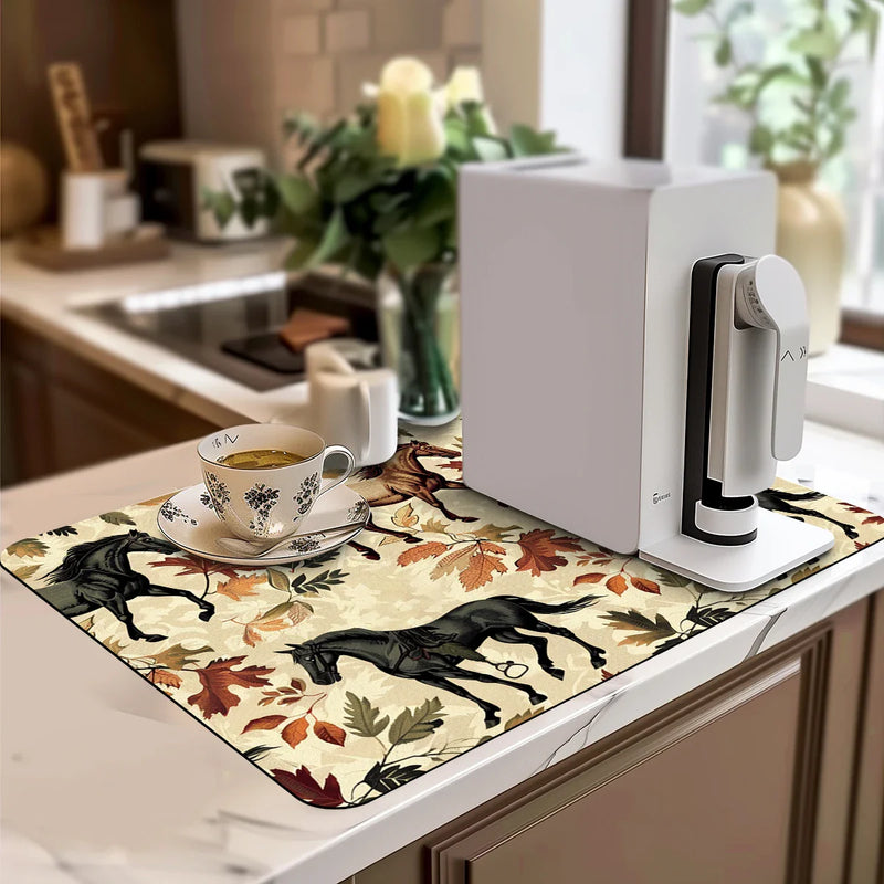 Axyaa Watercolor Flower Branches Maple Drying Mat for Kitchen Counter Drain Mats