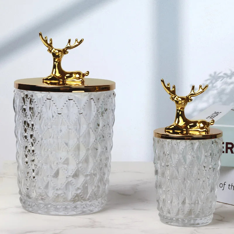 Axya Deer Glass Storage Jar: Gold, Crystal Clear, Desktop Organizer