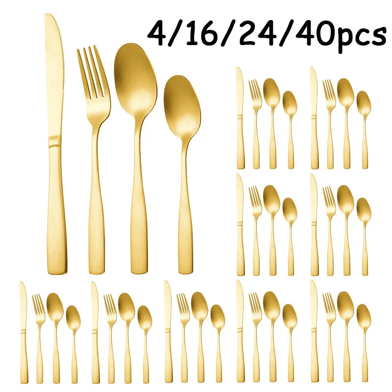 Axyaa Gold Square Handle Cutlery Set - 40pcs Stainless Steel