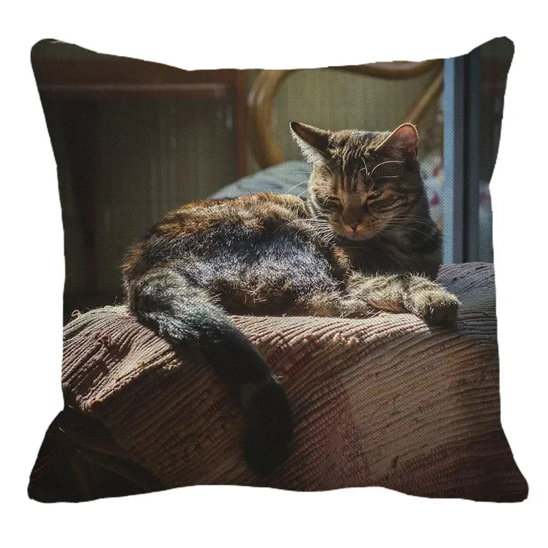 Axyaa Cat Print Linen Throw Pillowcase 45X45CM