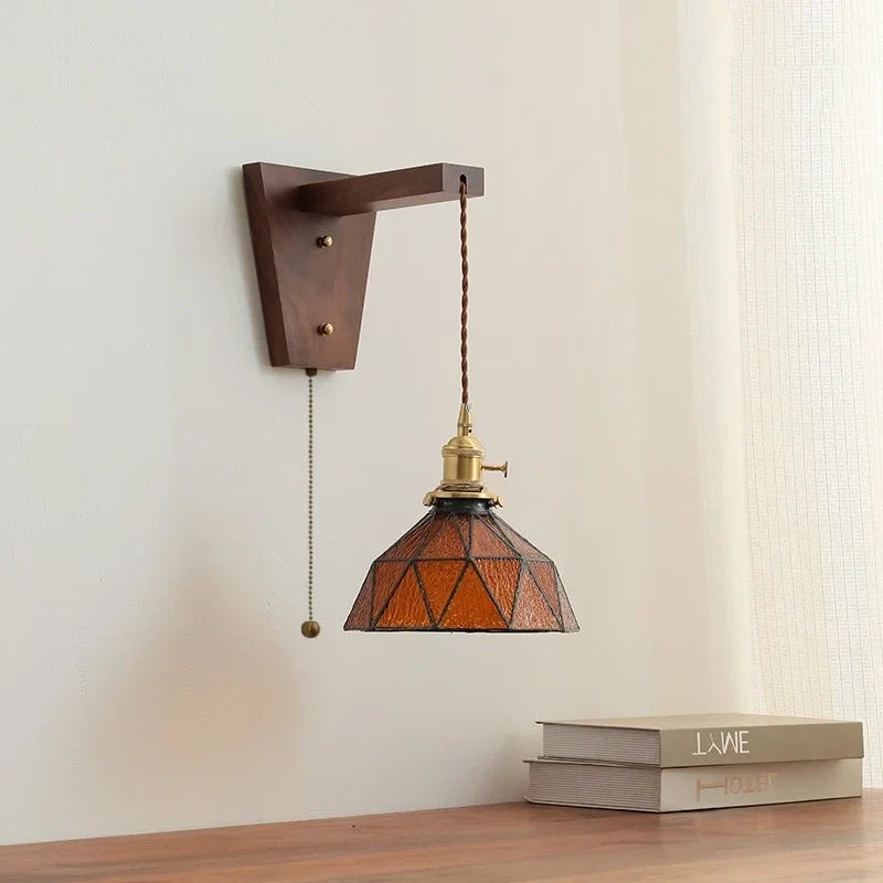 Axyaa Walnut Glass Pull Chain LED Wall Light Fixture for Home Decor