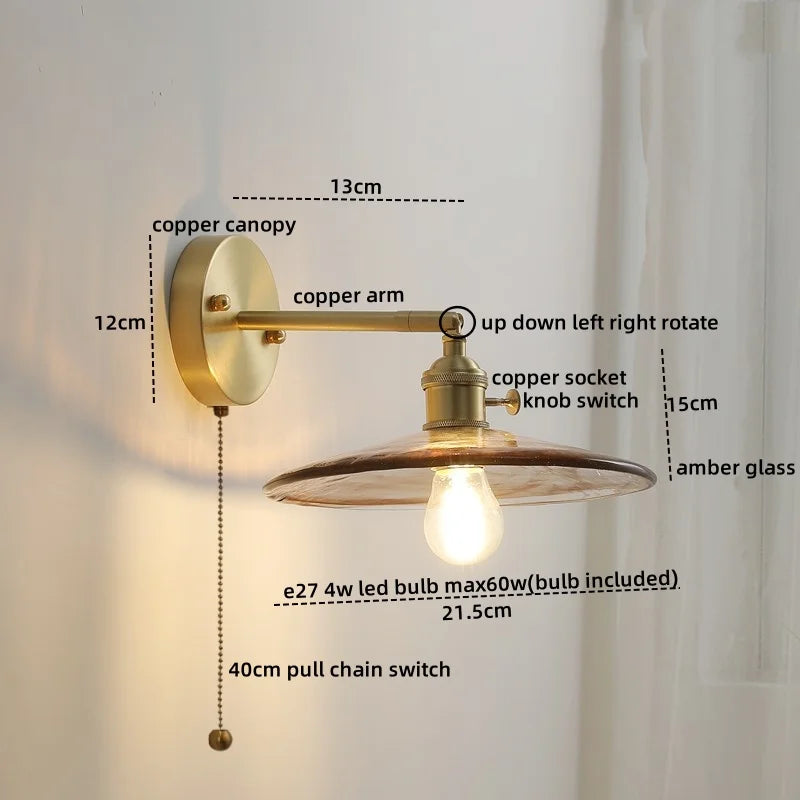 Axyaa Glass Copper LED Wall Lamp with Knob Switch for Modern Home Decor