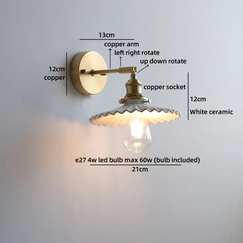 Axyaa Ceramic LED Wall Lamp: Japan Style Gold Brass Arm, Up Down Rotate