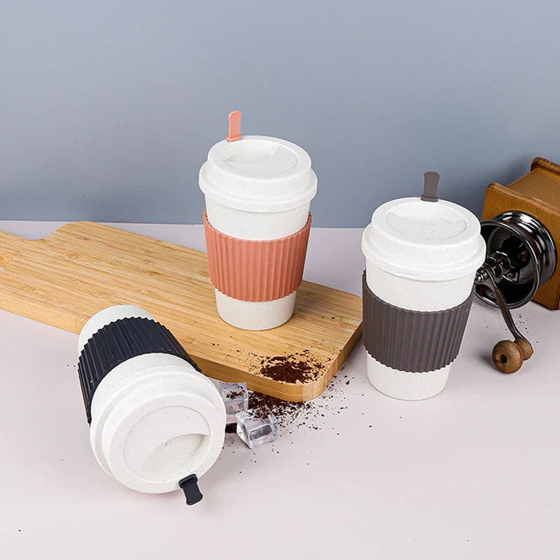 Axyaa Reusable Wheat Straw Coffee Cup With Lid 450ml - Portable & Dishwasher Safe