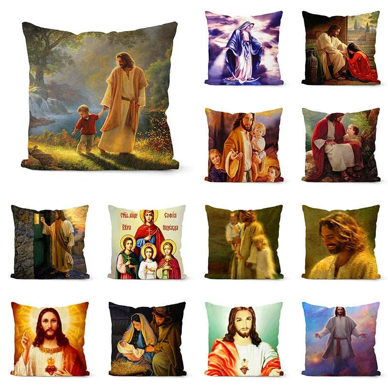 Retro Oil Painting Christmas Pillowcase - Axyaa Nativity Cushions Case Jesus Christ Print Throw Pillows Case