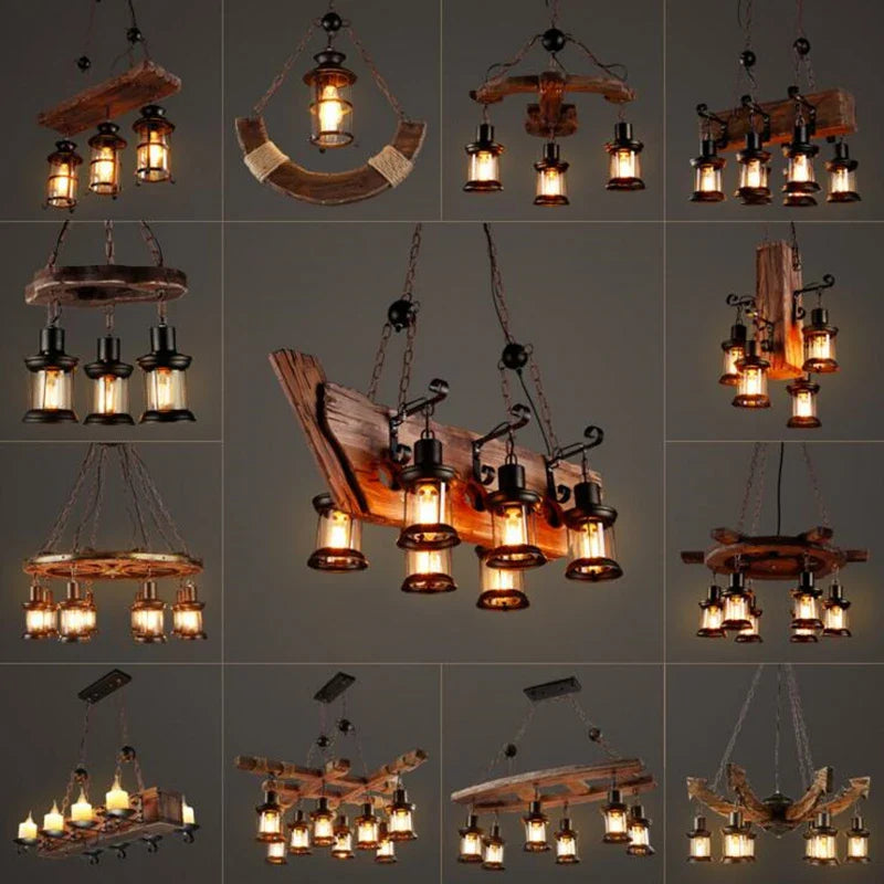 Axyaa Retro Wood Industrial Chandelier Pendant Lights