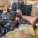 Retro Flower Lace Duvet Set + Sheet Washed Polyester Bedding for Girl Adult, All Season Home Bedclothes