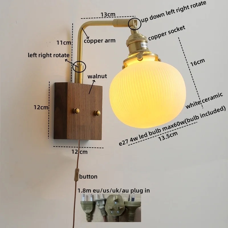 Axyaa Walnut Ceramic LED Wall Lamp with Pull Chain Switch