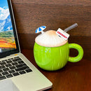 Axyaa Coconut Coffee Cup: Cute Kawaii Ceramic Mug With Lid, 130ml