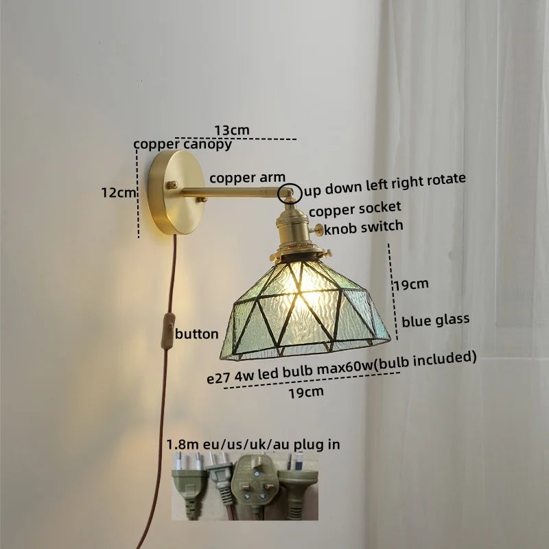 Axyaa Modern Copper Glass LED Wall Sconce Pull Chain Switch Stair Light Fixtures
