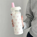 Axyaa Bow Water Bottle: 850ml Kawaii Plastic Tumbler with Straw for Juice, Coffee, Tea