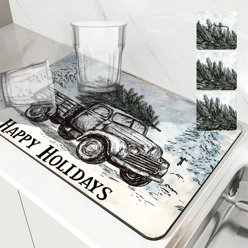 Axyaa Christmas Kitchen Drying Mat Absorbent Dish Placemat