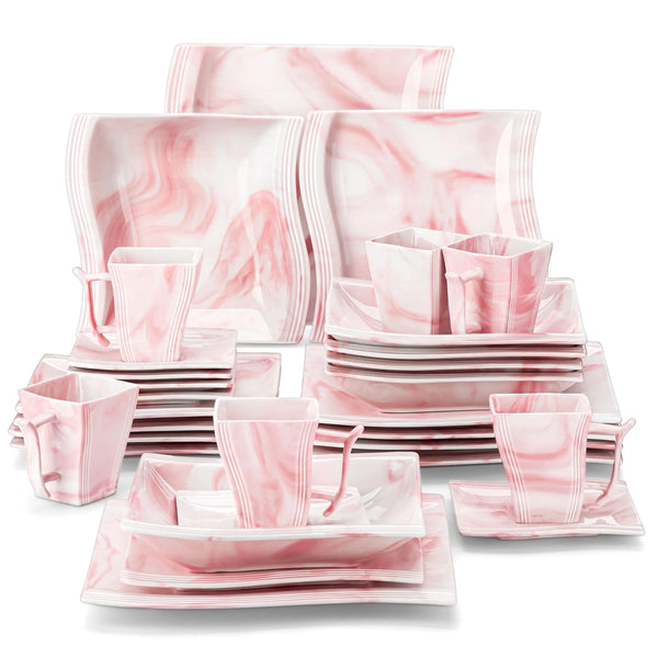 Axya Flora 30-Piece Marble Pink Porcelain Dinnerware Set - Two Color Options