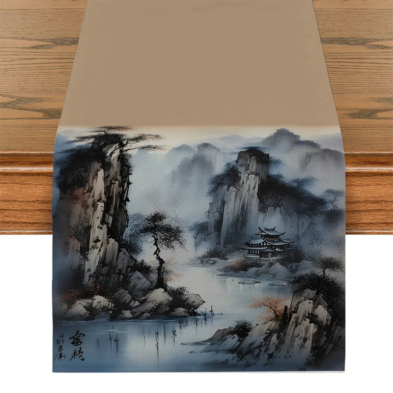 Axyaa Abstract Ink Painting Table Runner for Farmhouse Dining Decor