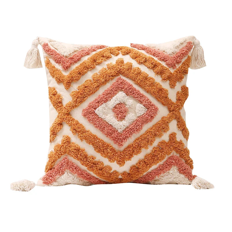 Axyaa Tufted Tassel Boho Cushion Cover in Warm Colors