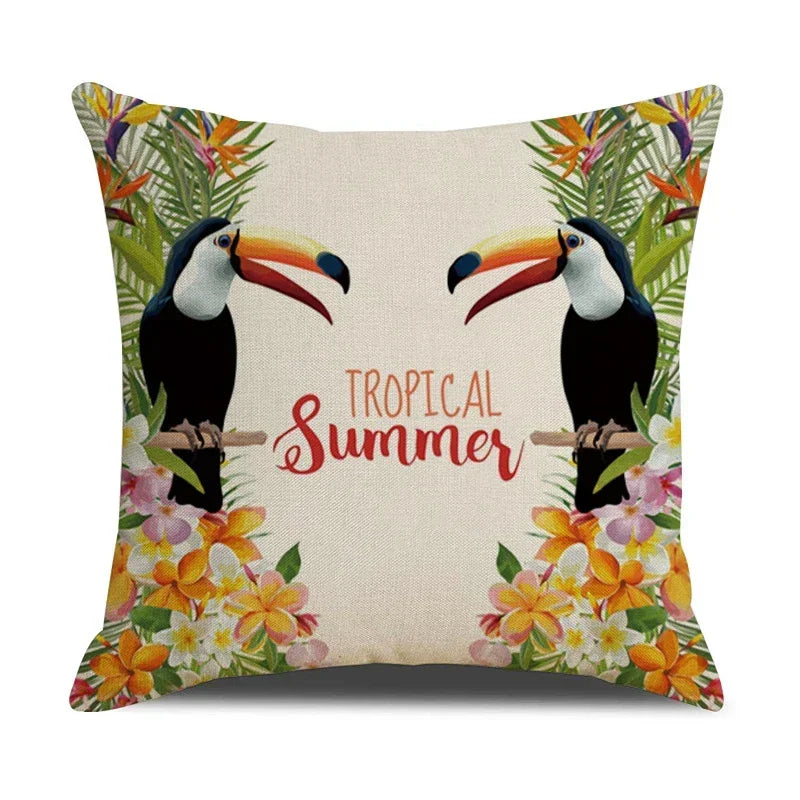 Tropical Birds Linen Pillowcase Set for Decorative Throw Cushions by Axyaa