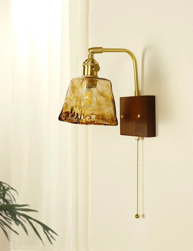 Axyaa Retro Wooden Brass Glass Wall Lamp with Pull Switch