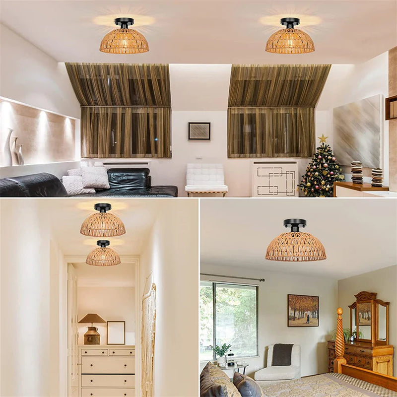 Rattan Flush Mount Ceiling Chandelier for Kitchen Living Room Bedroom by Axyaa