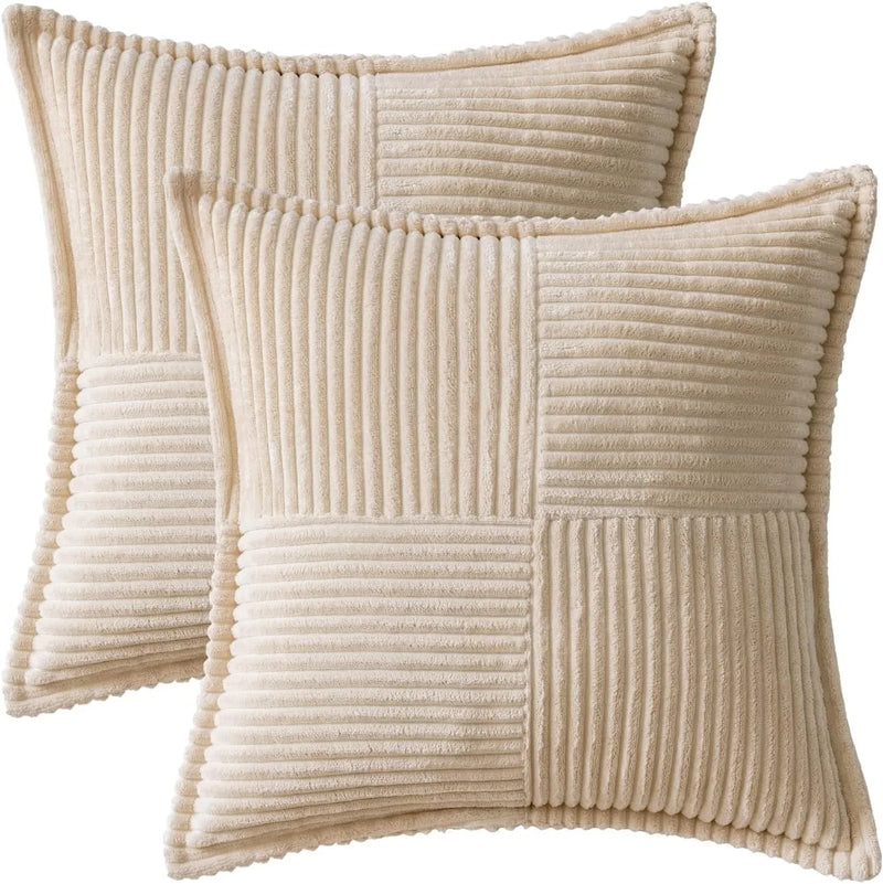 Axyaa Beige Corduroy Striped Throw Pillow Covers 18x18 Inch Luxurious Boho Textured Cushion Cover