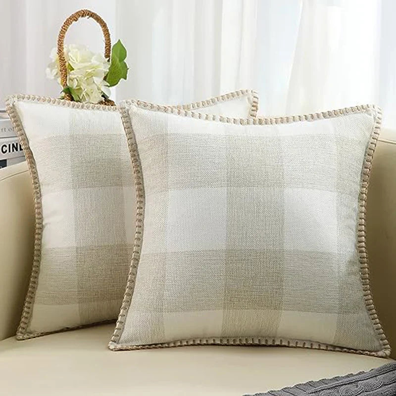 Axyaa Plush Check Throw Pillow Covers Set of 2 Cream White