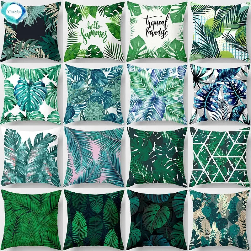 Axyaa Tropical Green Plants Pattern Cushion Cover for Sofas and Decor