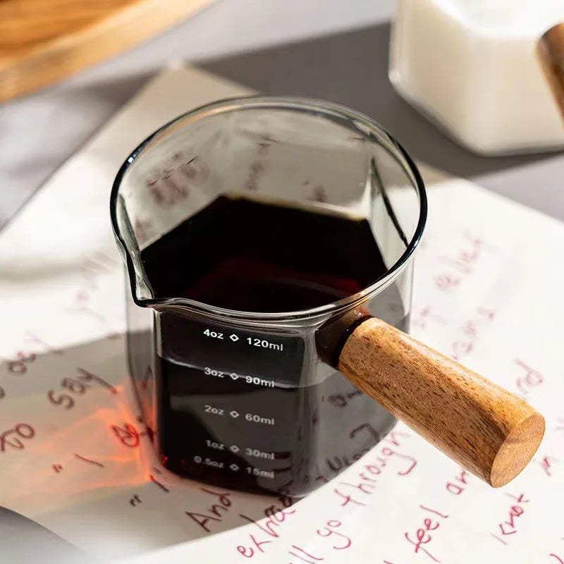 Axya Glass Espresso Measuring Cup with Wood Handle - 50/75/100/140ml