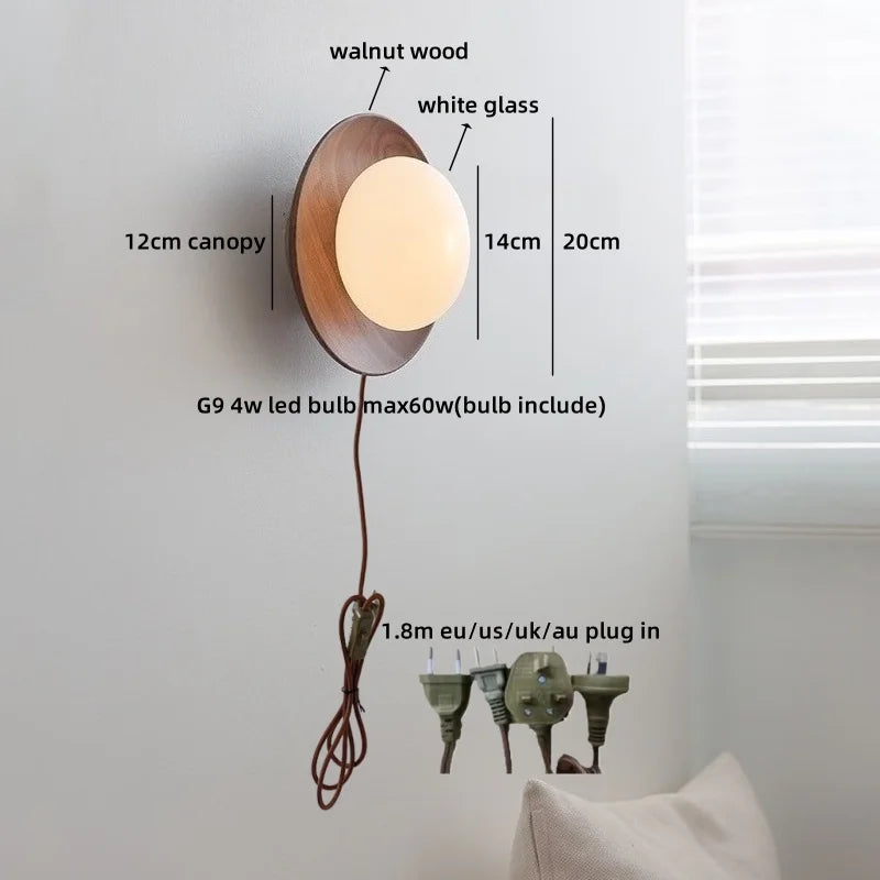 Axyaa White Glass Ball LED Wall Lamps With Switch - Modern Wooden Stair Light Fixtures.