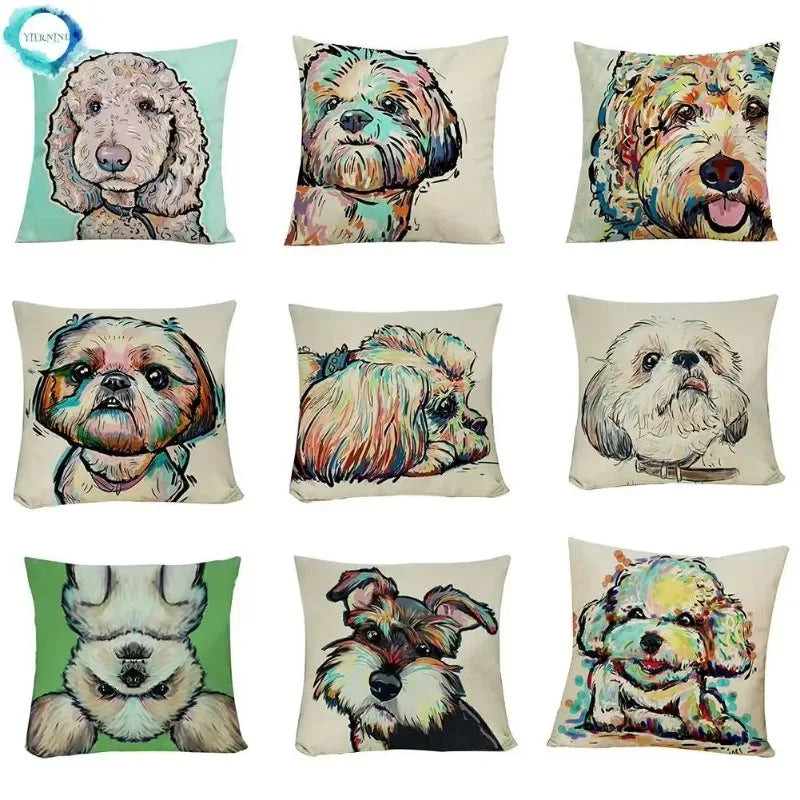 Axyaa Watercolor Dog Print Linen Pillow Cover 45X45CM