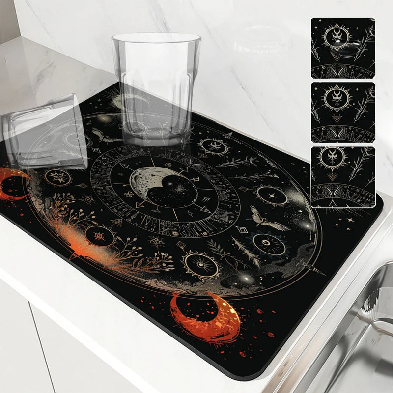 Axyaa Astrology Plants Sun Moon Drying Mat, Non-Slip Absorbent Table Placemat