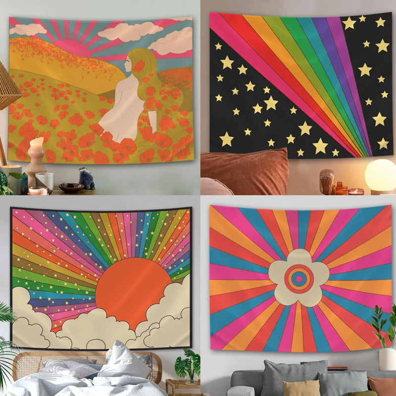 Boho Sun Moon Phase Rainbow Tapestry by Axyaa - Bedroom Decor Bedspread