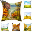Axyaa Autumn Gold Red Forest Plush Cushion Cover: Vintage Oil Painting Pillowcase