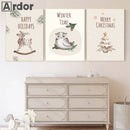 Axyaa Christmas Pine Tree Deer Owl Winter Canvas Painting Wall Art