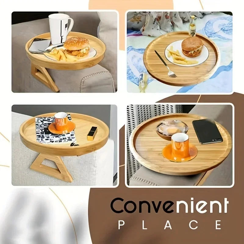 Axyaa Wooden Sofa Armrest Table: Foldable Round Snack Tray for Living Room