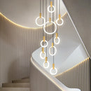 Axyaa Modern LED Nordic Stair Chandelier - Acrylic Rings & Wood Bedroom Ceiling Pendant Lights