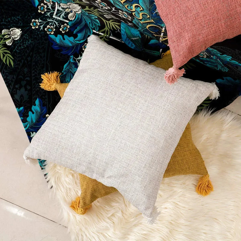 Axyaa White Linen Tassel Pillowcase for Farmhouse Living Room