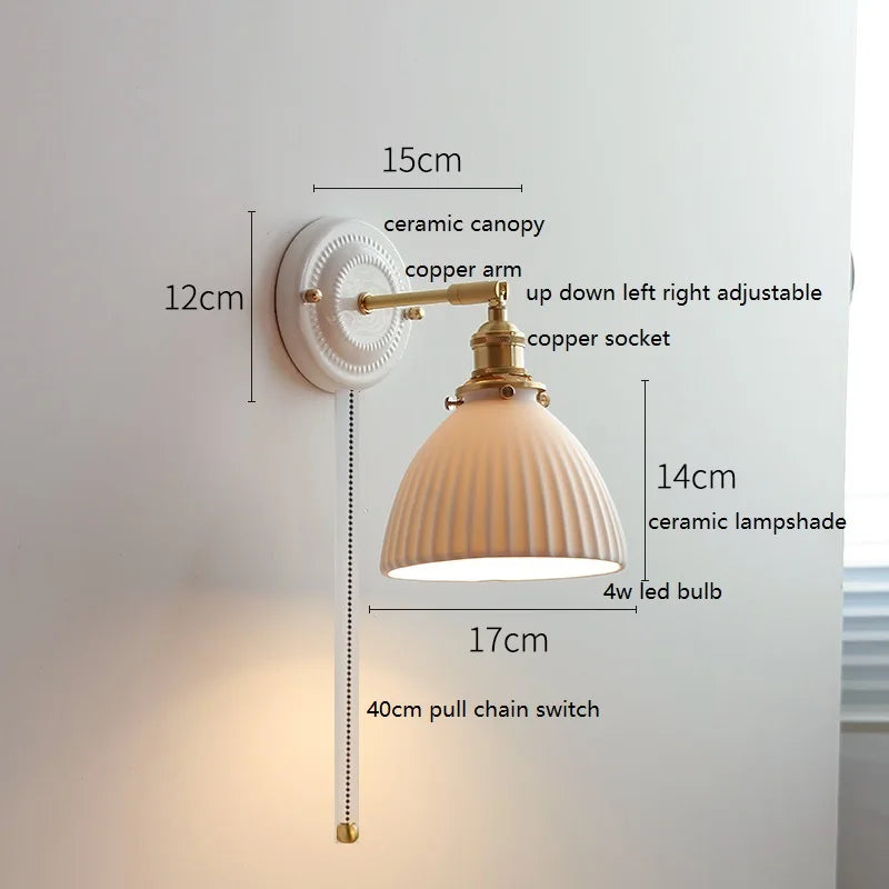 Axyaa Ceramic LED Wall Sconce with Adjustable Copper Arm - Pull Chain Switch