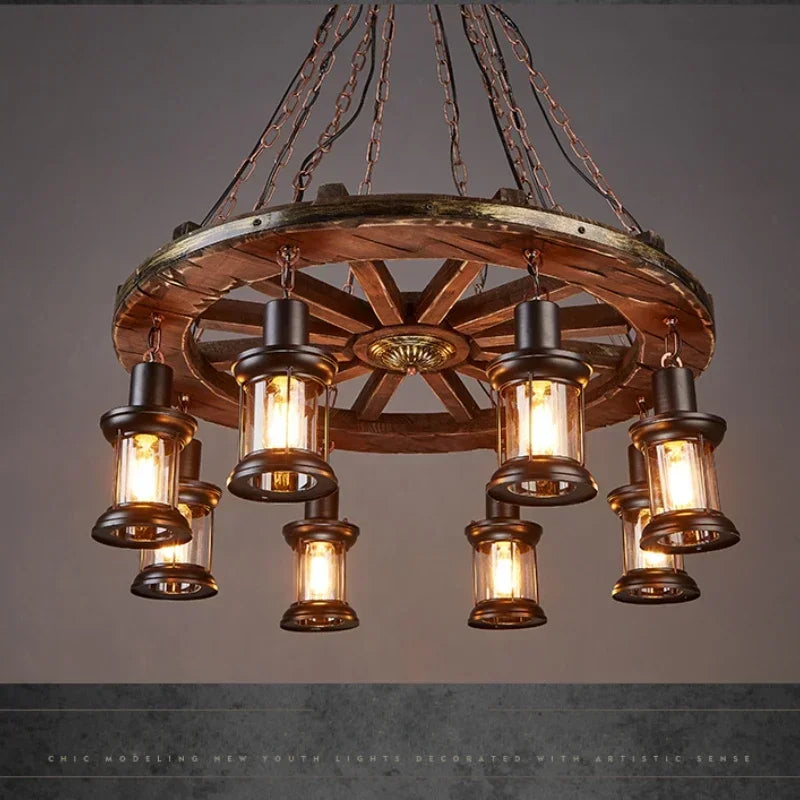 Axyaa Iron LED Wheel Pendant Lights - Industrial Metallic Lustre Hanging Lamps