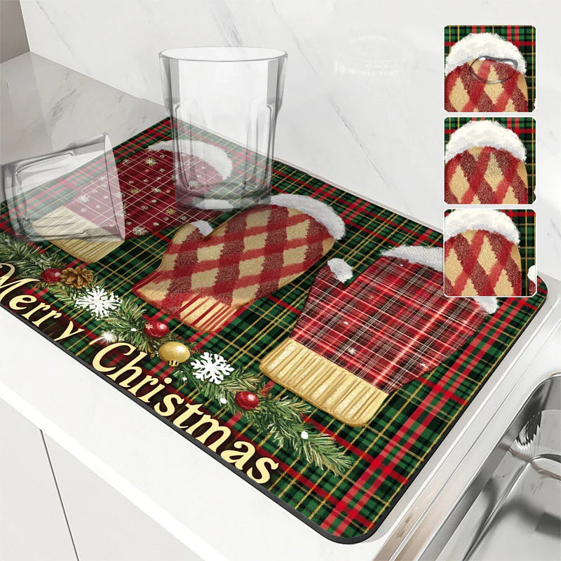 Axyaa Coffee Mat Dish Draining Mat - Christmas Gloves Design