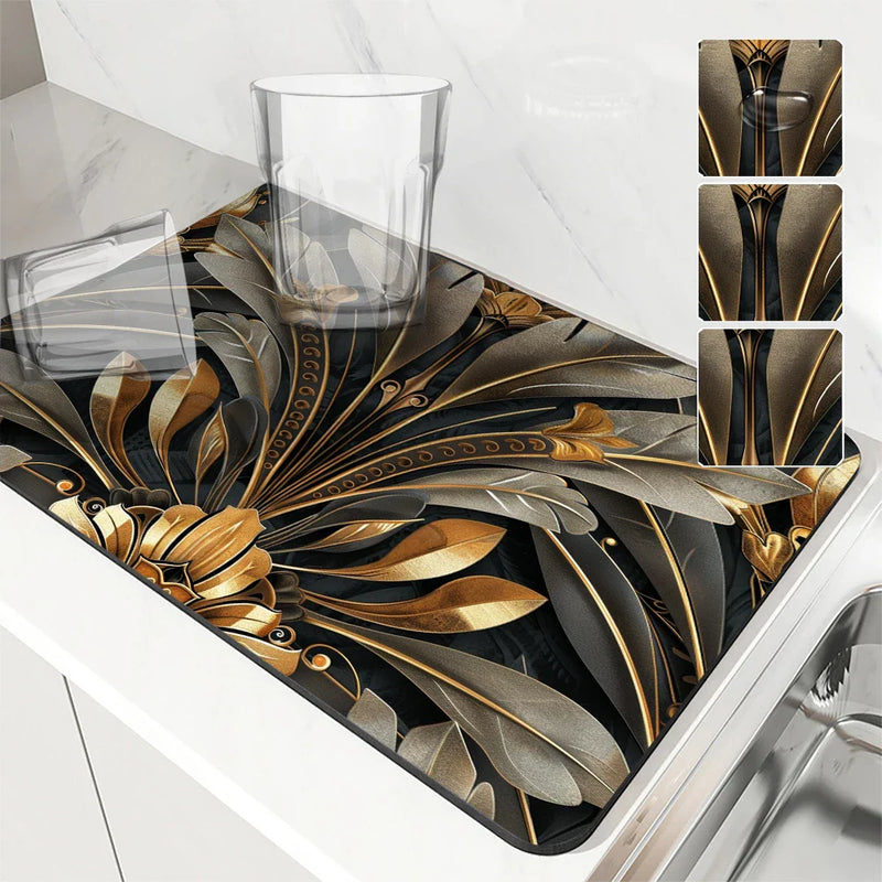 Axyaa Metallic Floral Branches Drying Mat: Non-Slip Absorbent Placemat