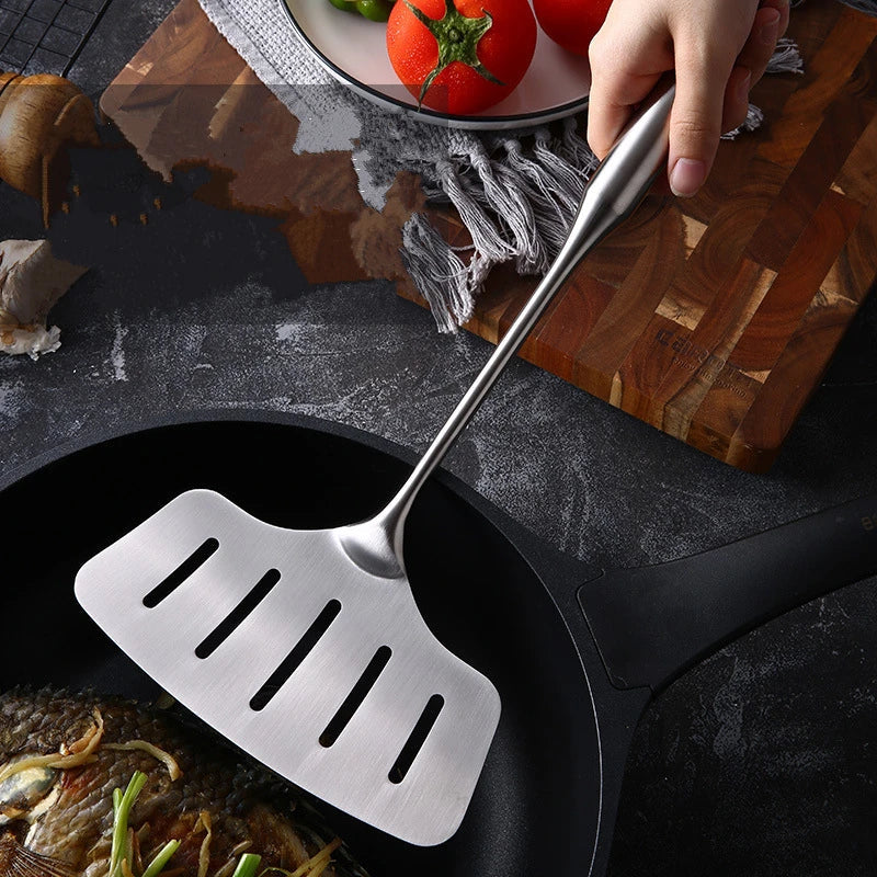 Axyaa Stainless Steel Fish Spatula with Wood Handle - Nonstick Slotted Pan Scoop