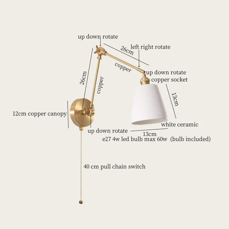 Axyaa Ceramic LED Wall Lamp Pull Chain Switch Nordic Copper Wandlamp