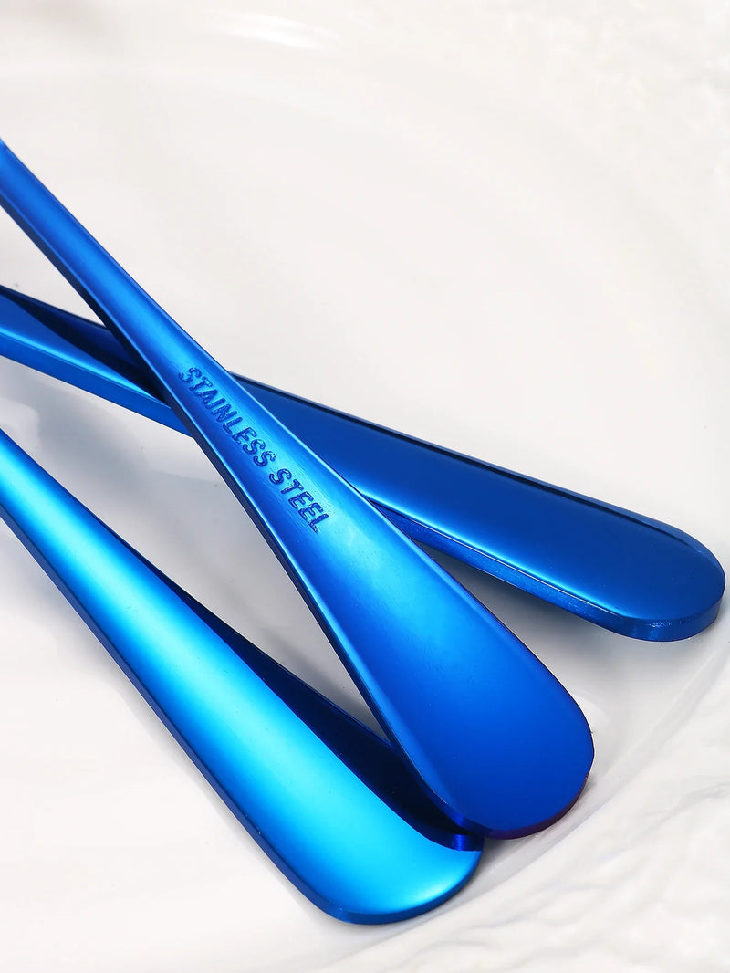 Axyaa 24-Piece Stainless Steel Cutlery Set, Blue Round Handle, Suitable for Home and Hospitality