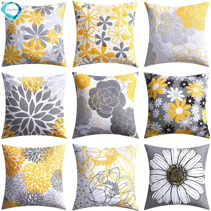 Yellow Grey Flower Pillowcase 45cm Double-Sided Print Cover for Home Decor by Axyaa