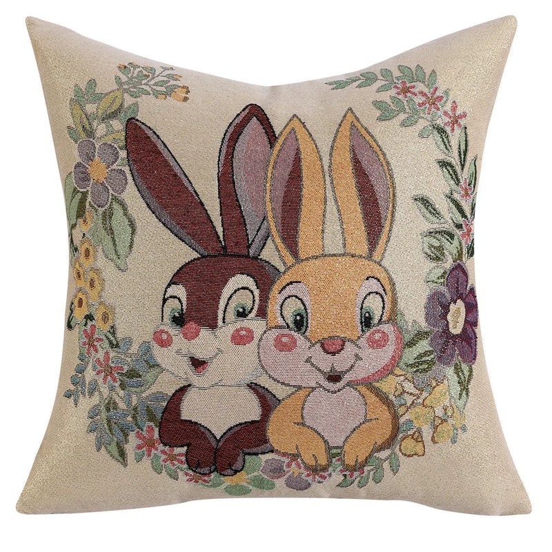 Axyaa Pink Floral White Floral Bunny Embroidered Cushion Cover