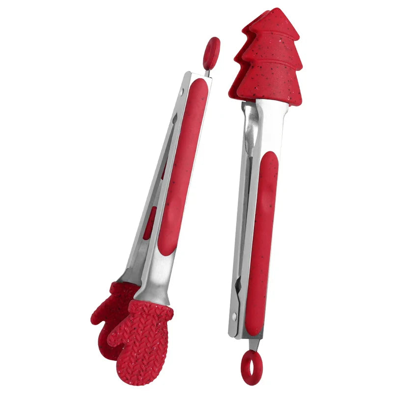Axyaa Christmas Style Silicone BBQ Tongs - Kitchen Cooking Essential
