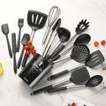 Axyaa Silicone Kitchen Utensil Set with Stainless Steel Handles and Storage Bucket